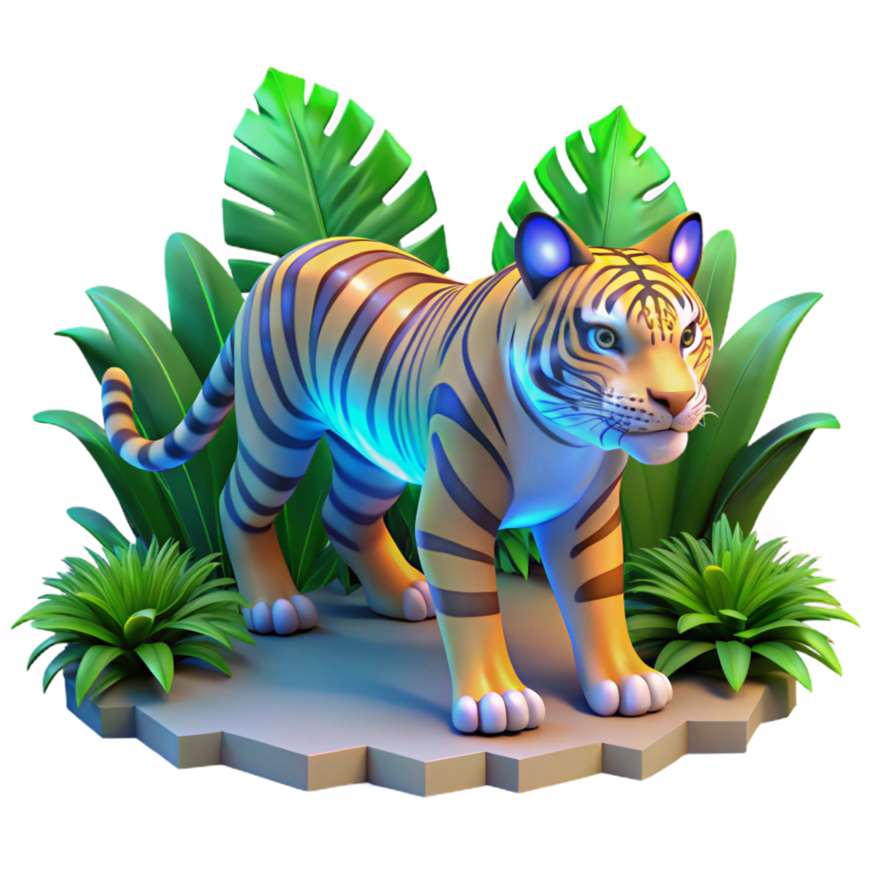 Vibrant 3D Render of a Tiger in Lush Tropical Foliage png