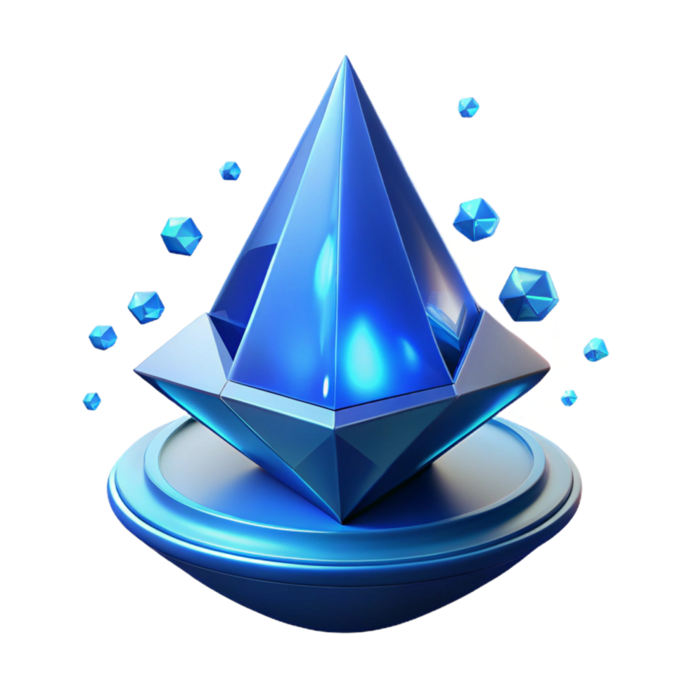 Stunning 3D Render of a Blue Crystal Gemstone on a Platform with Floating Crystals png