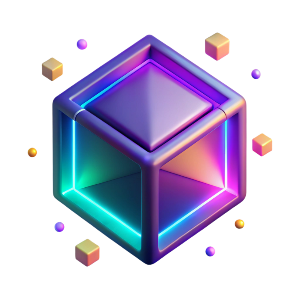 Neon Glowing Cube with Floating Shapes Abstract 3D Render png