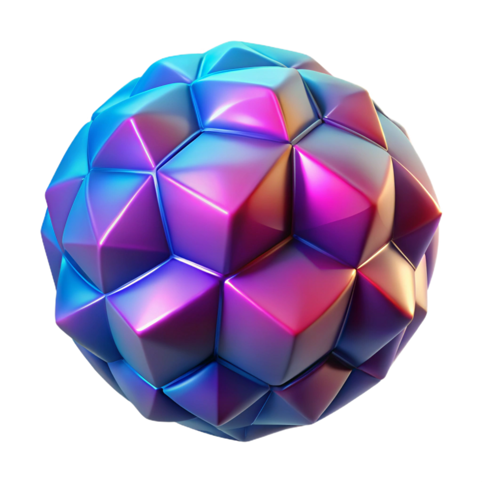 3D Render of a Geometric Abstract Sphere with Iridescent Purple and Blue Polygons png