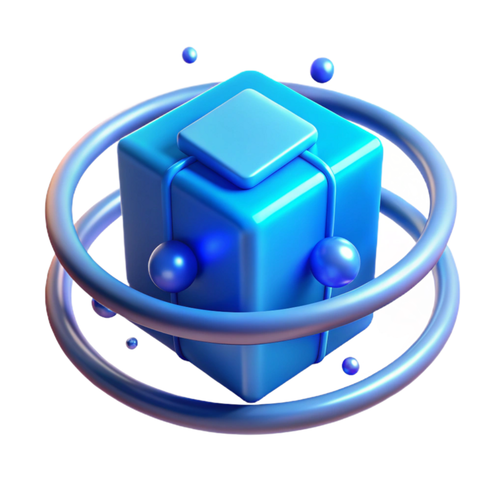 Abstract 3D Rendering Blue Cube with Orbiting Rings and Spheres png