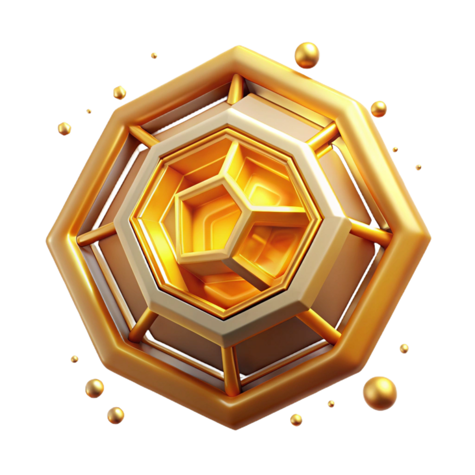 Golden Hexagonal 3D Geometric Abstract Background Illustration with Inner Cube Structure and Floating Spheres png