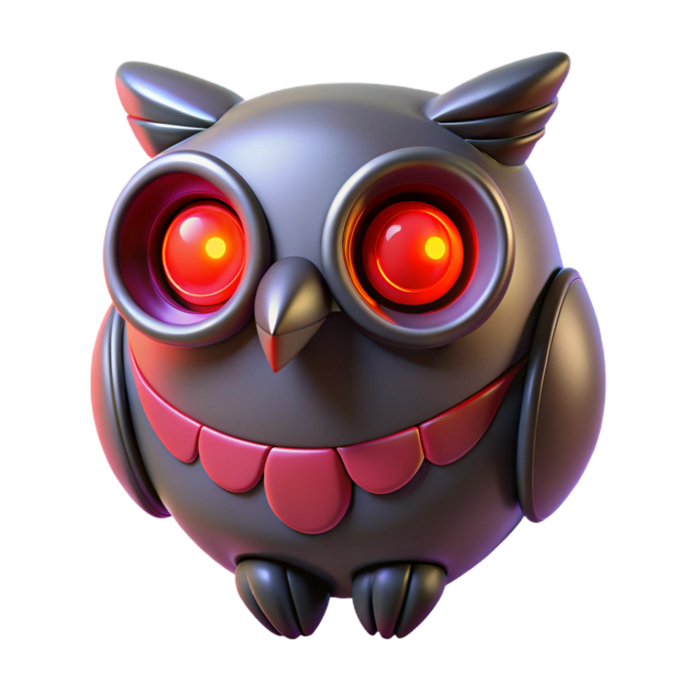 3D Render of a Robotic Owl with Glowing Red Eyes png