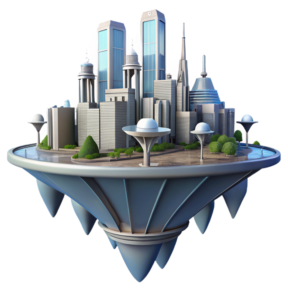 Futuristic Floating City A 3D Render of a Modern Metropolis on an Island png