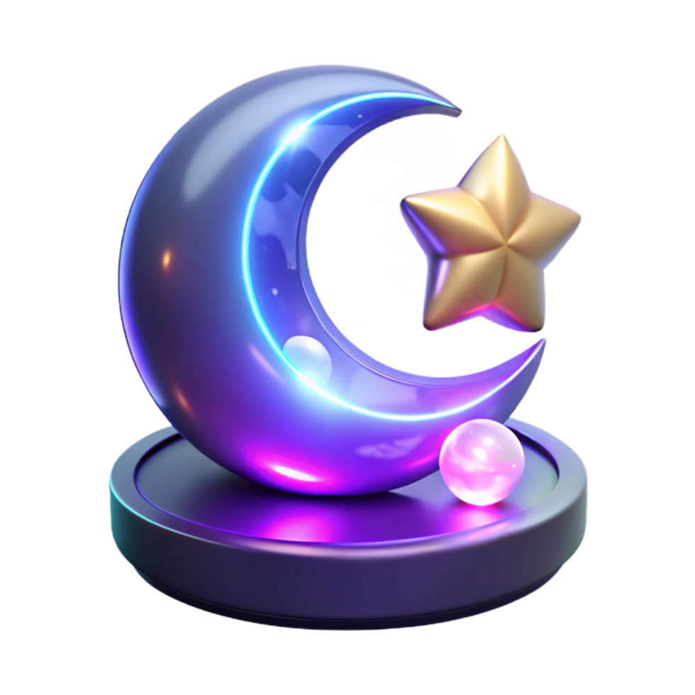 3D Render of Crescent Moon and Star Icon Neon Glowing Abstract Background Design png