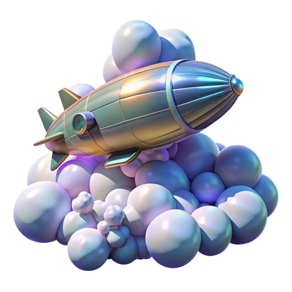 3D Render of Iridescent Airship above Clouds png