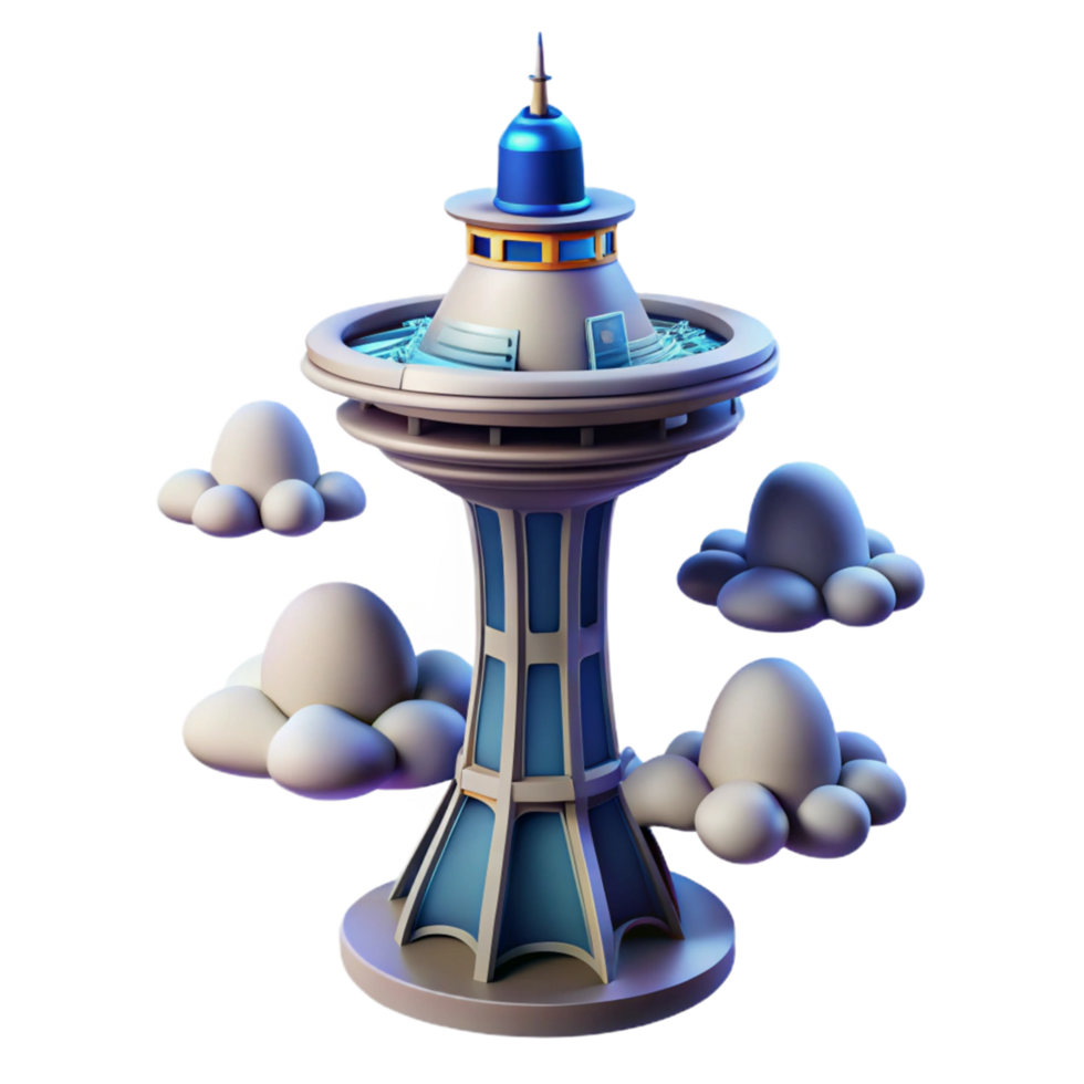 3D Render Cartoon Tower in Clouds png