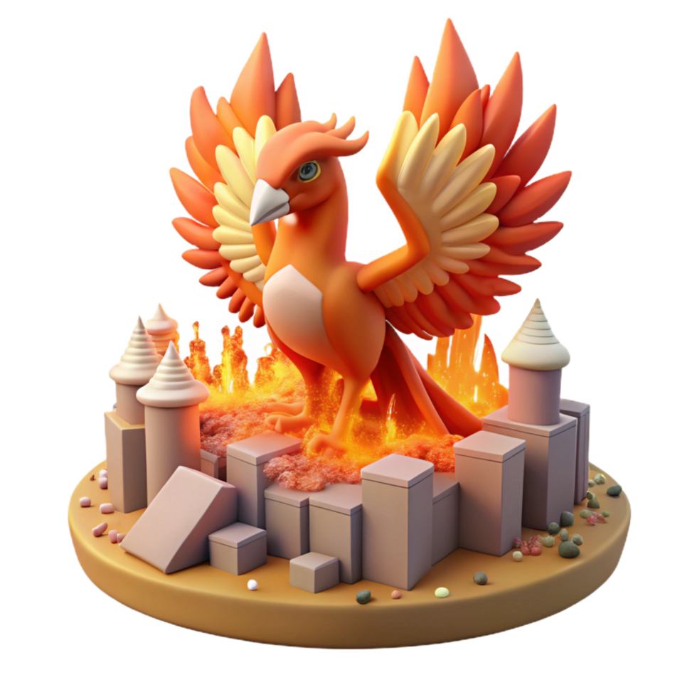3D Render of Mythical Firebird Emerging from Volcanic Cityscape Illustration png