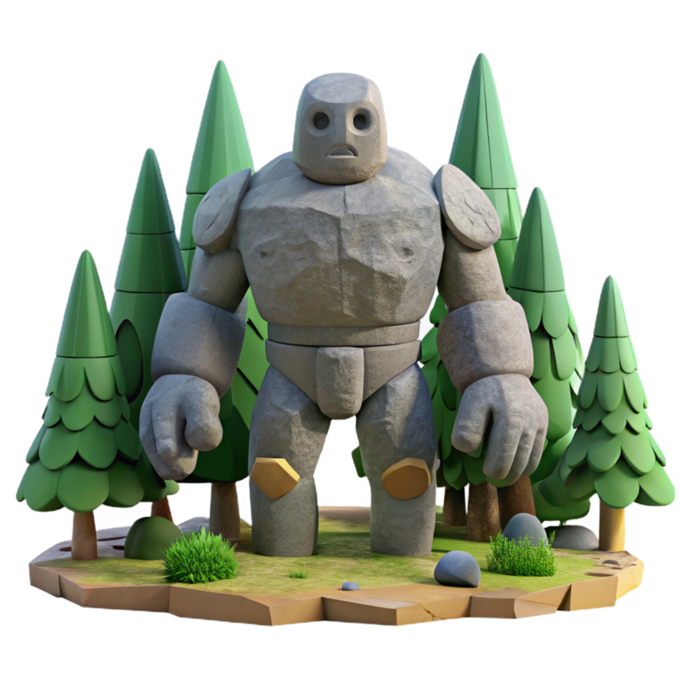 Stone Golem 3D Render Illustration Surrounded by Stylized Evergreen Trees in a Cartoonish Forest Setting png