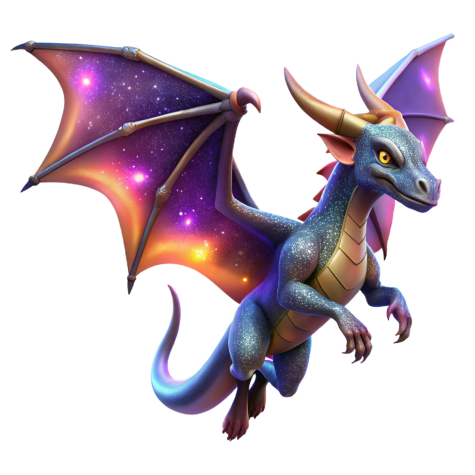 Cosmic Dragon 3D Render Fantasy Creature Illustration Sparkling Galaxy Wings Magical Beast png
