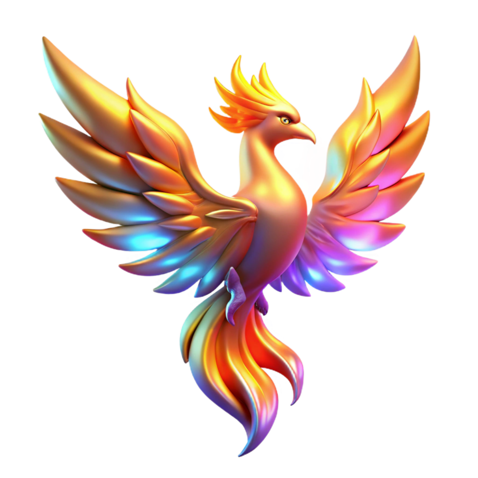 Vibrant 3D Render of a Mythical Phoenix Bird with Iridescent Wings and Tail png