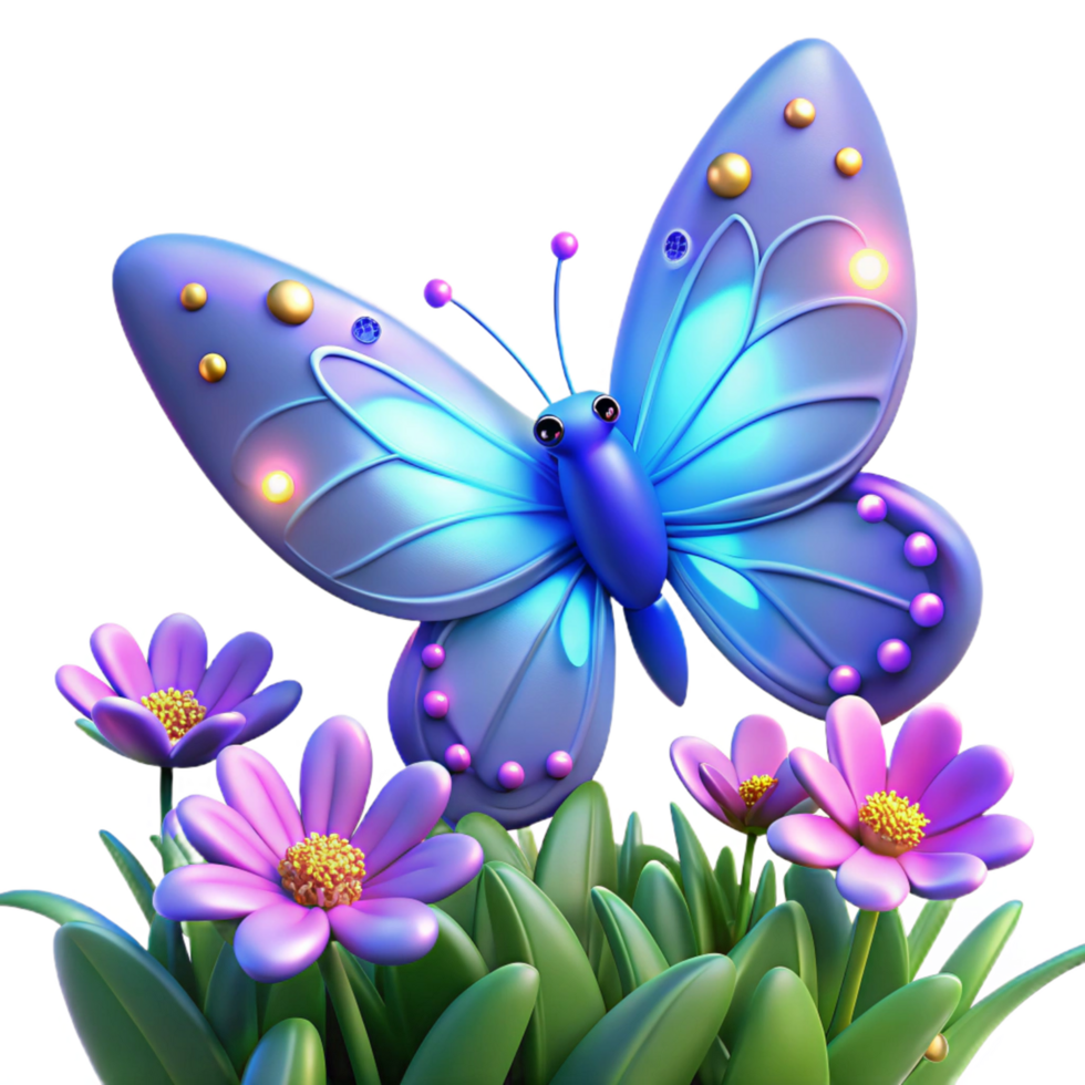 Vibrant 3D Render of a Cartoon Butterfly Amongst Flowers png