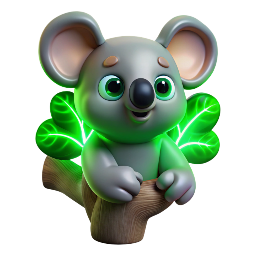 Adorable 3D Koala Illustration on Branch with Glowing Leaves png