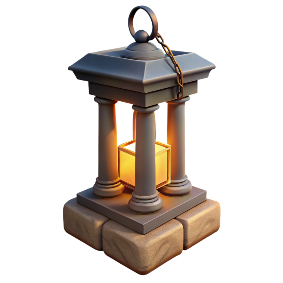 Luminous 3D Render of an Ornate Stone Lantern with Glowing Interior Light Source png