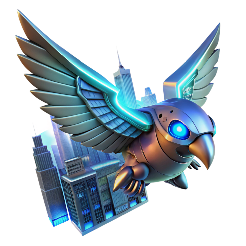 Cybernetic Bird Soaring Over Cityscape 3D Illustration png