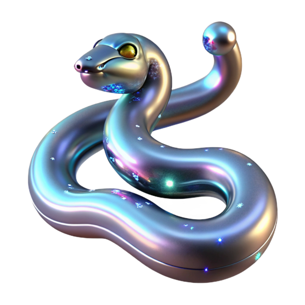 3D Render of a Metallic Iridescent Snake Illustration with Glowing Particles png