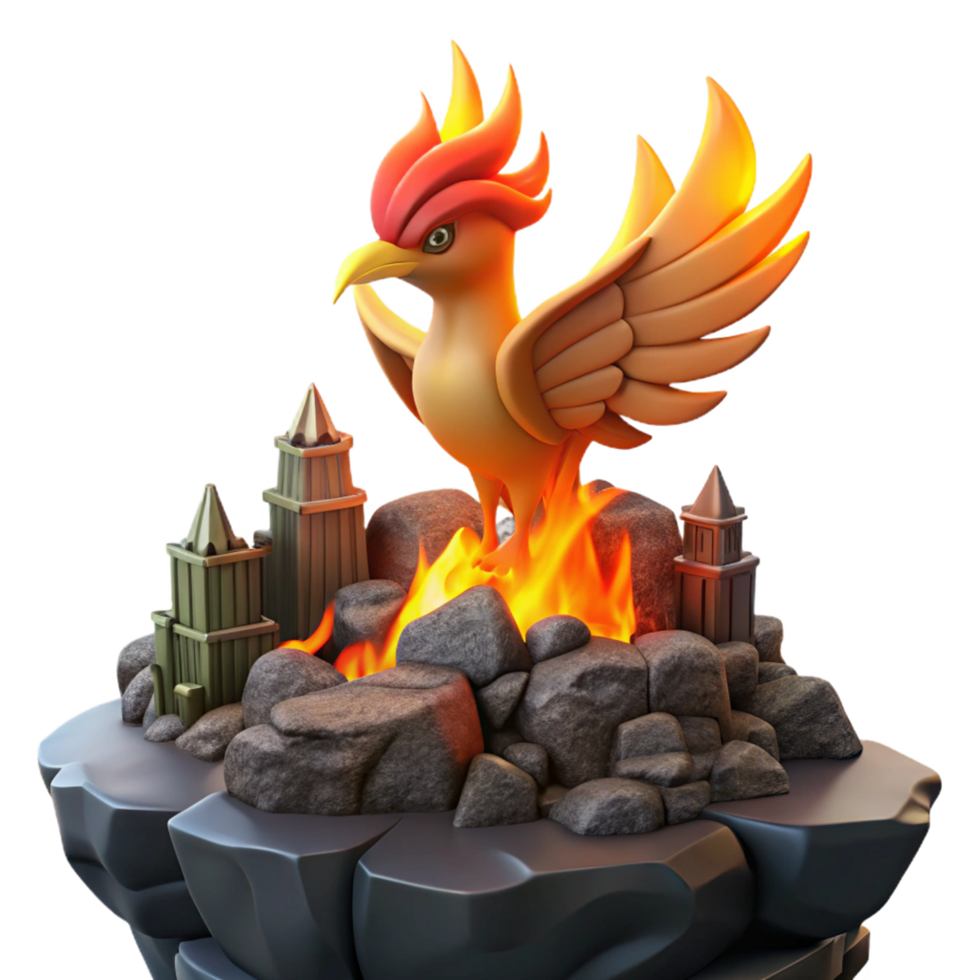 3D Render of a Mythical Firebird Atop a Volcanic Rock Formation with Miniature Castles png