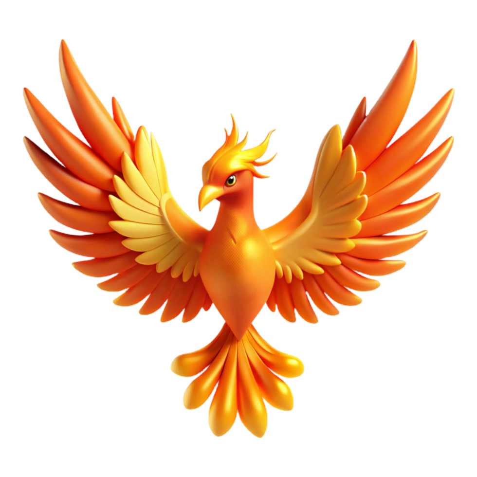 Majestic 3D Render of a Mythical Orange and Gold Phoenix Bird with Wings Spread Wide png
