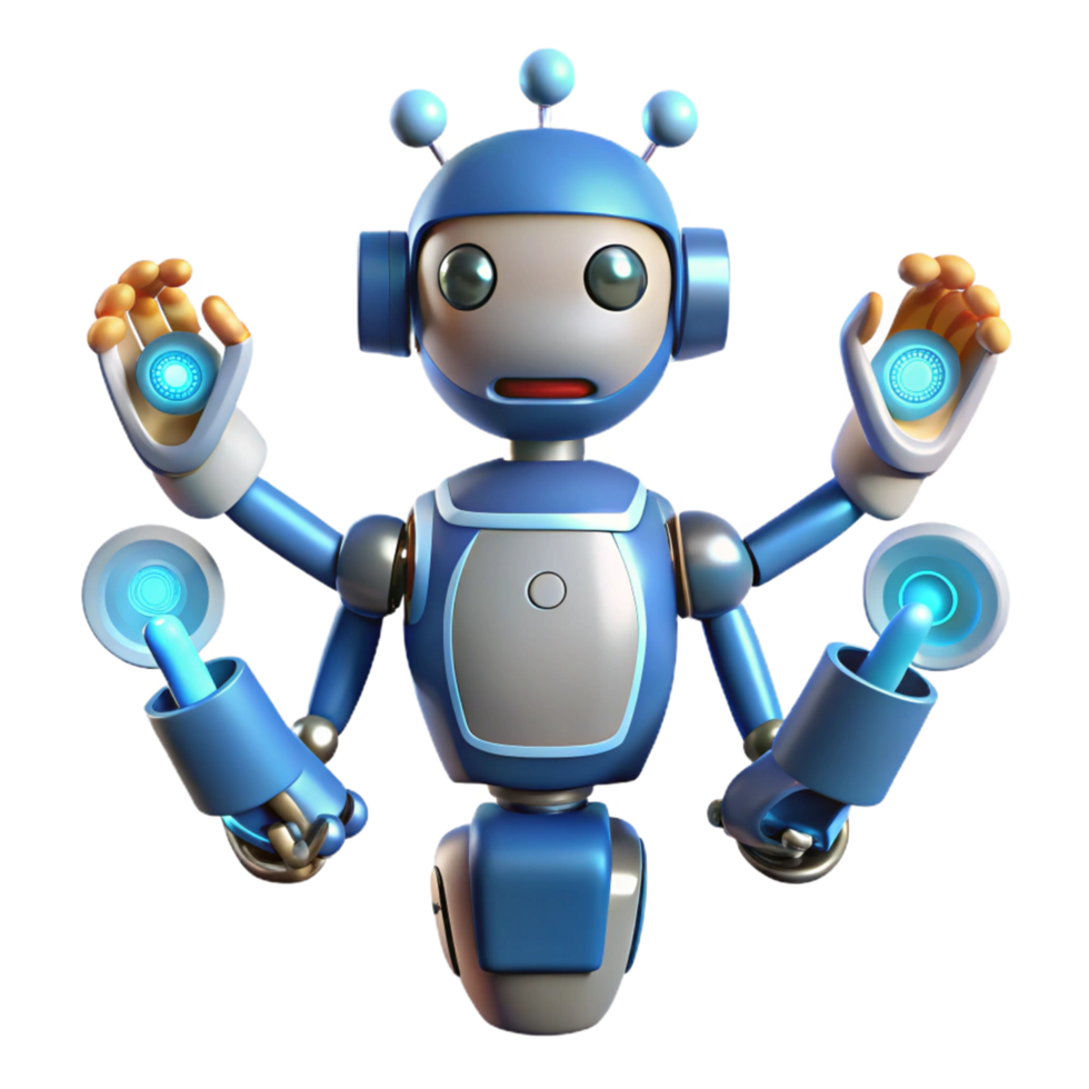Friendly Robot with Four Arms and Glowing Controls png