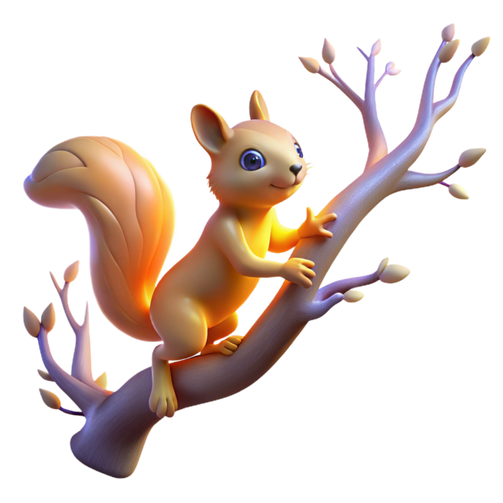 Adorable 3D Render of a Squirrel on a Branch Illustration png