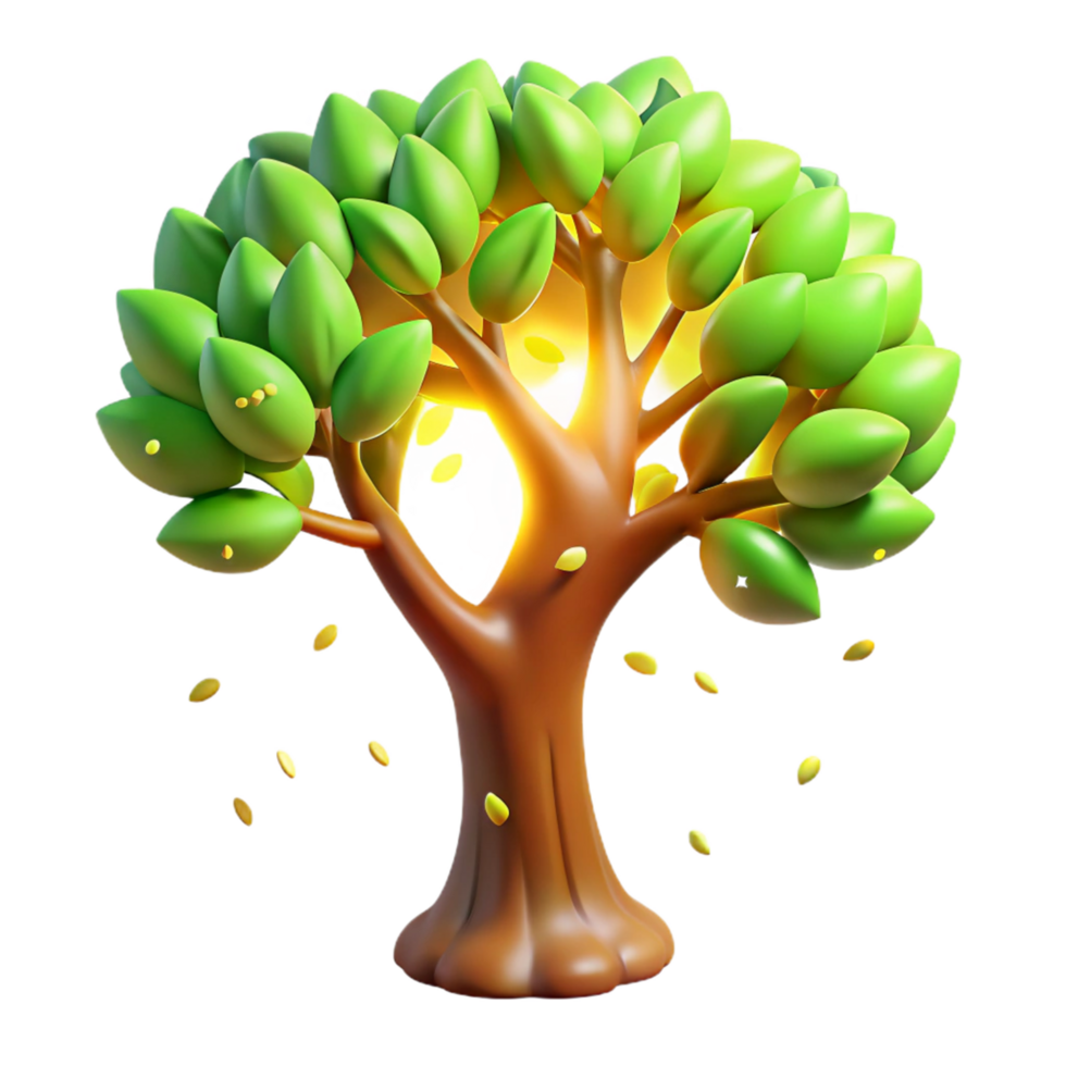 Glowing 3D Tree Illustration Autumn Leaves Falling Bright Glowing Core Abstract Background Design Element png