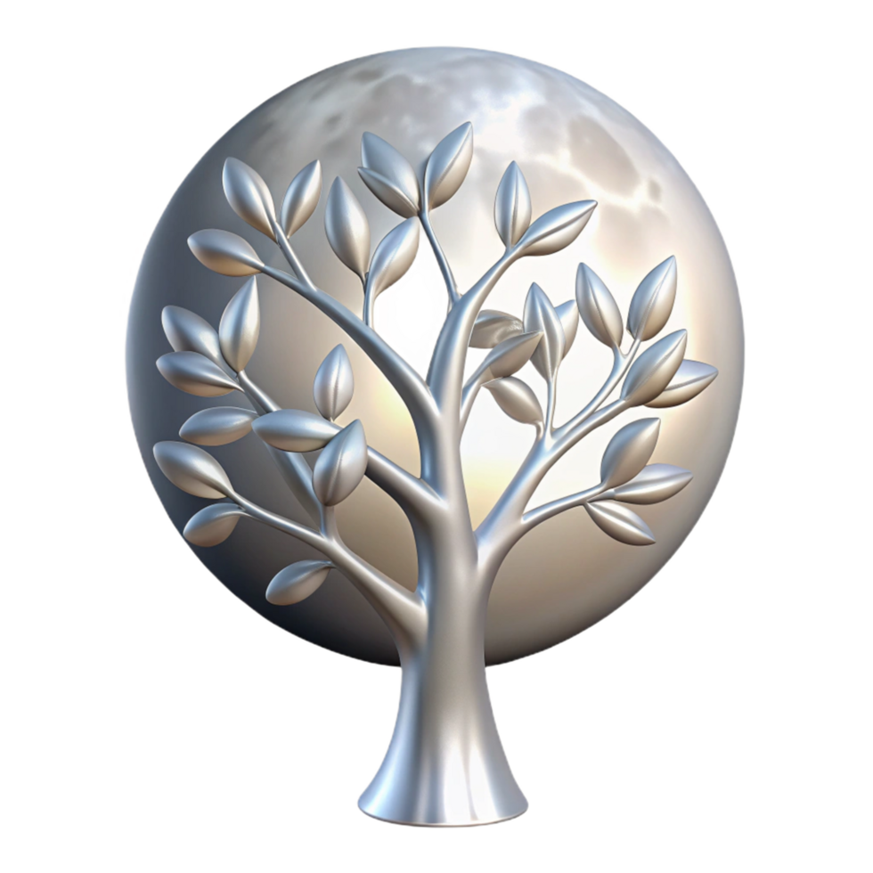 Silver Tree of Life 3D Render Against a Moon Background Illustration png