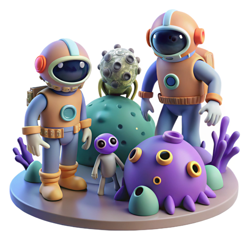 Adorable 3D Render of Astronauts Exploring a Whimsical Alien Planet with Colorful Creatures png