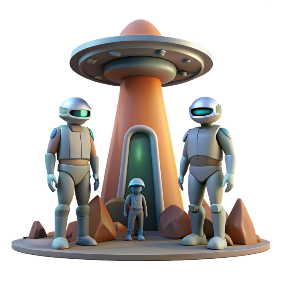 3D Render of Astronauts and UFO Landing on Alien Planet png