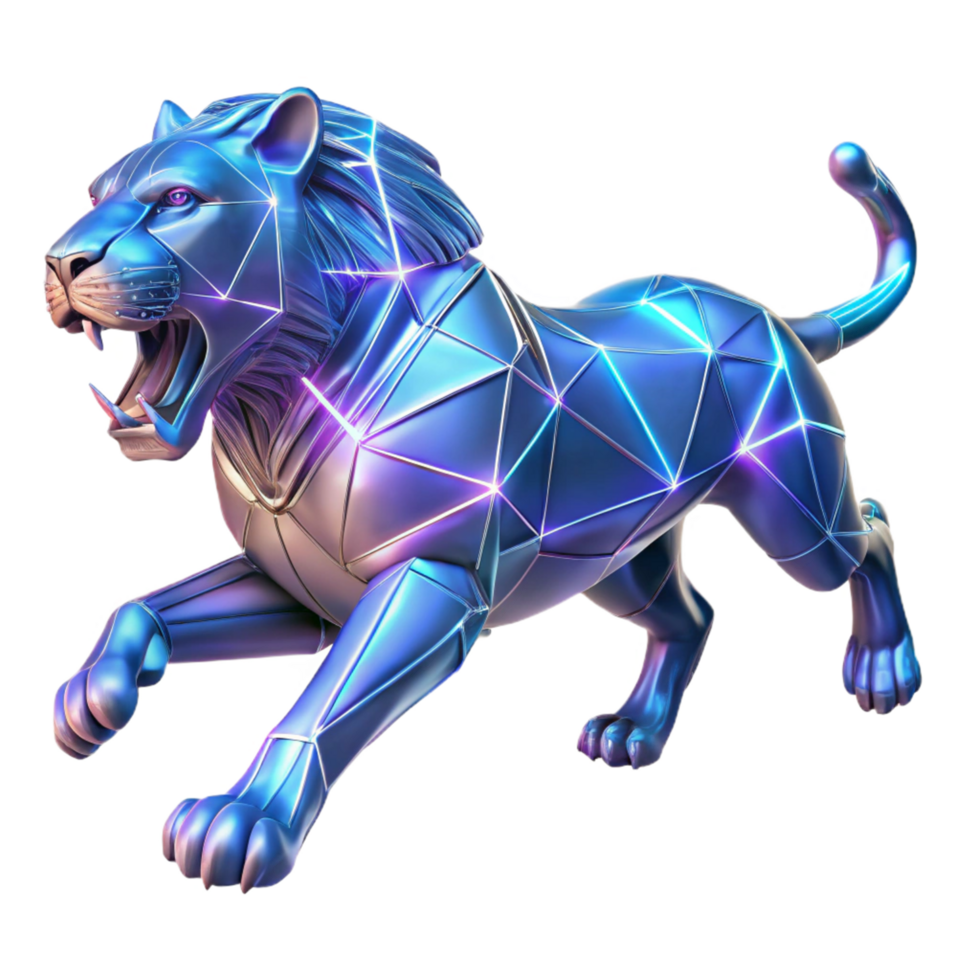 Majestic Low Poly Lion 3D Render Powerful Digital Art Geometric Animal Abstract Cyberpunk Style Iridescent Neon Fantasy Creature png
