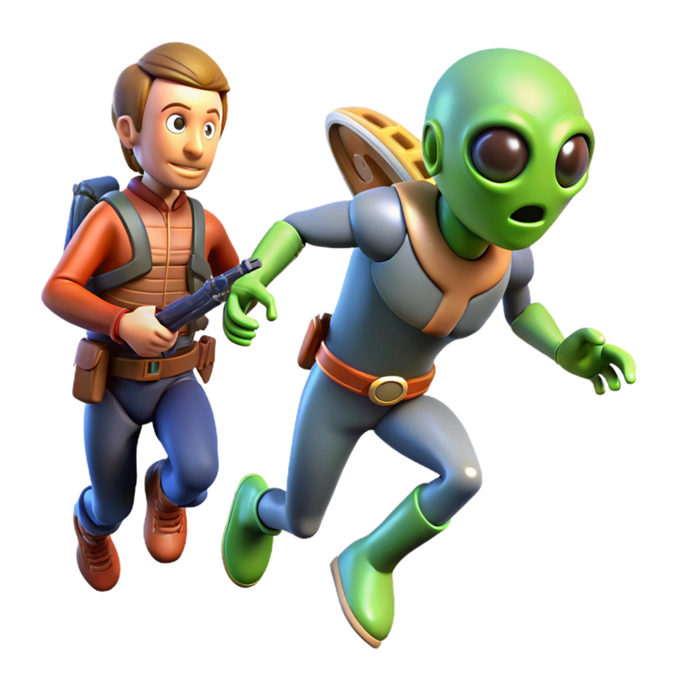 3D Render Human and Alien Chase Scene png