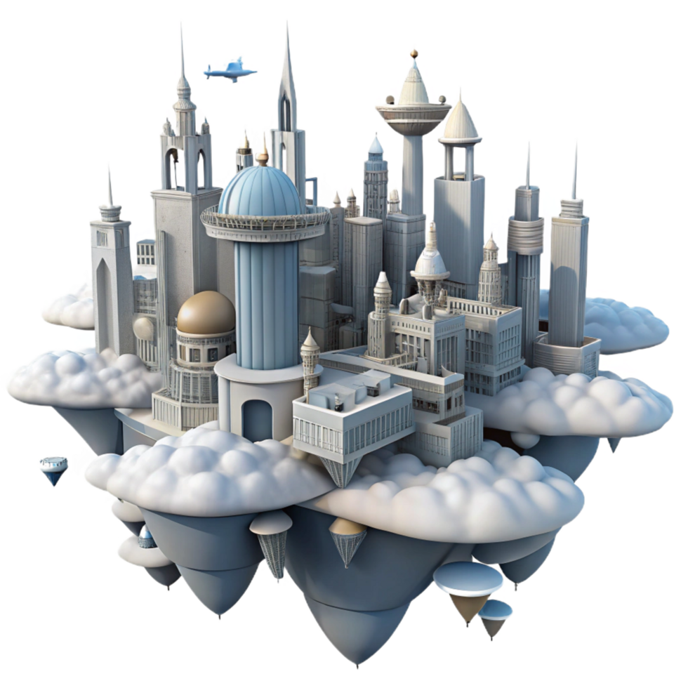 3D Render of a Futuristic City Floating on Clouds A Whimsical Architectural Illustration png