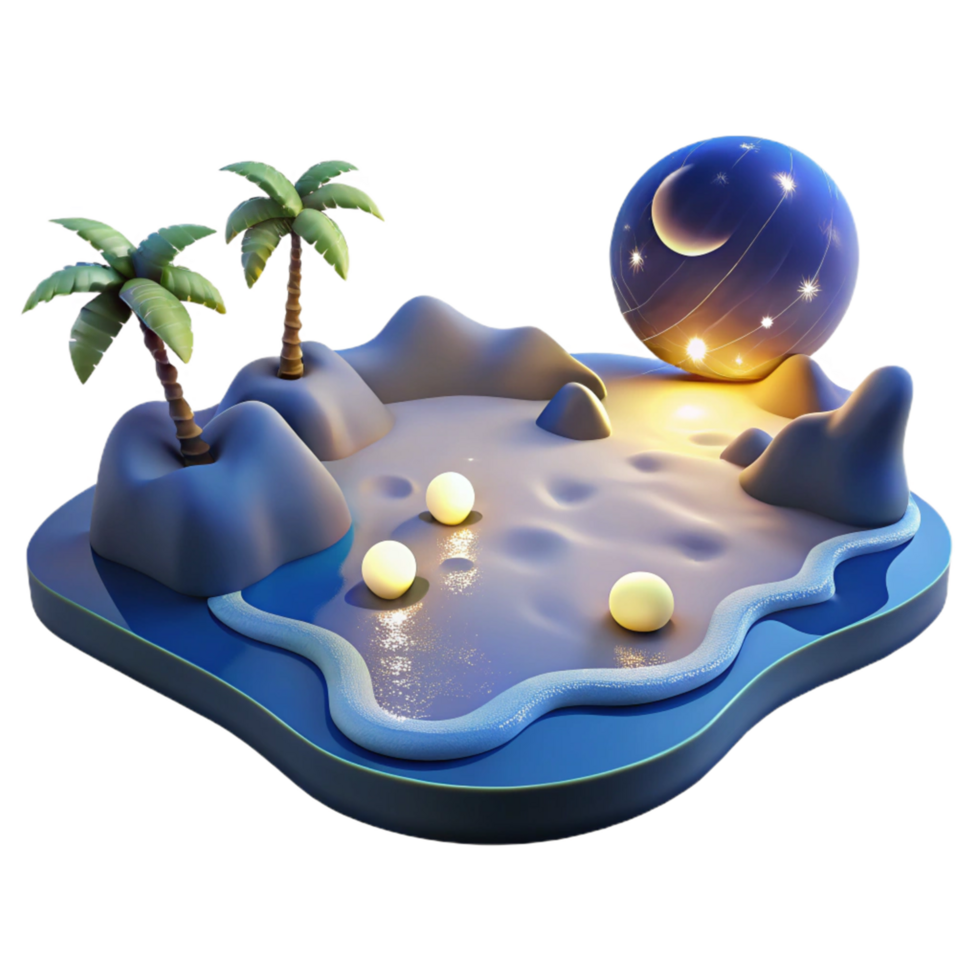 Enchanted Island 3D Render A Nighttime Tropical Paradise with Glowing Celestial Sphere and Palm Trees png