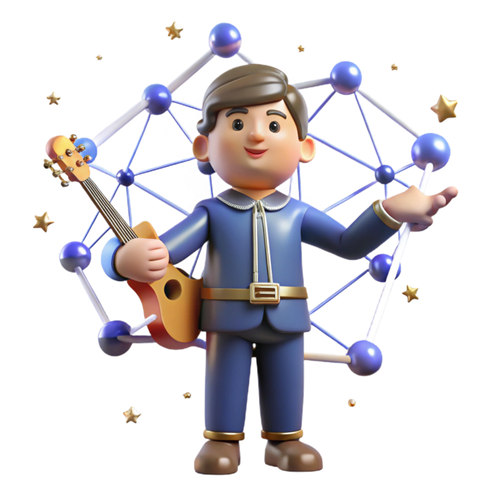 3D Illustration Boy Musician with Ukulele in Molecular Structure png