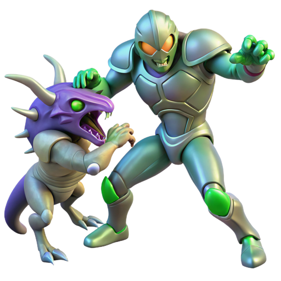 Dynamic 3D Illustration of a Robotic Creature Confronting a Metallic Armored Figure png