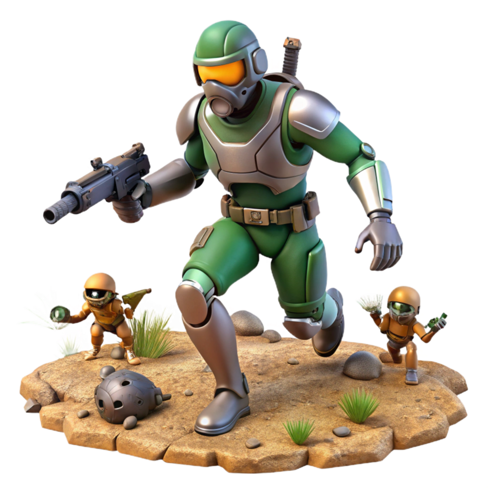 3D Illustration Futuristic Soldier Running on Desert Terrain with Two Small Robots png