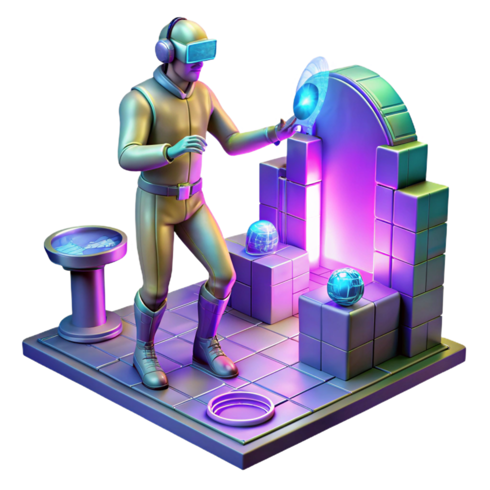 Futuristic Metaverse Gateway 3D Render Illustration A Cyborg in VR Explores a Neon Lit Virtual World png