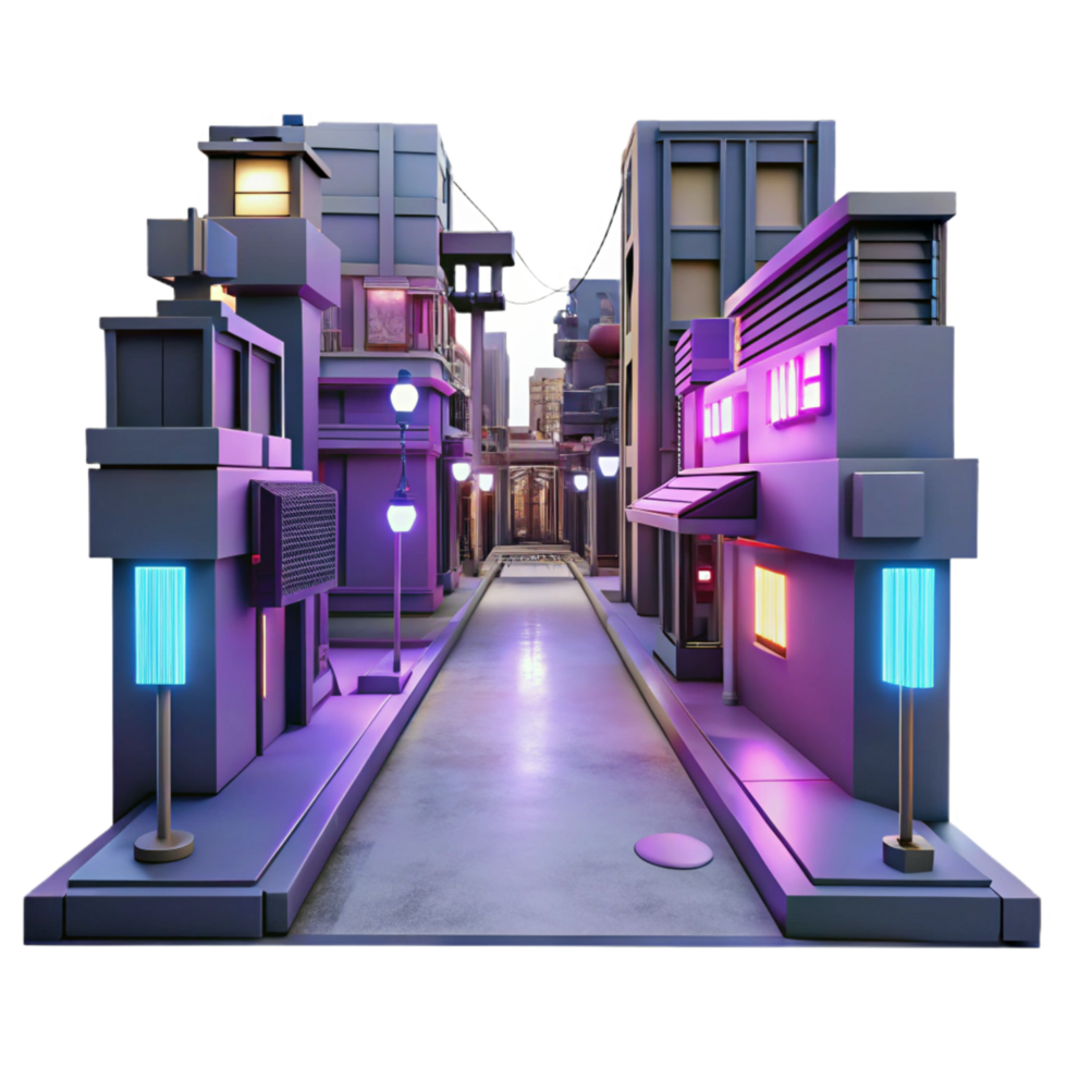 Neon Lit City Street at Night A 3D Render png