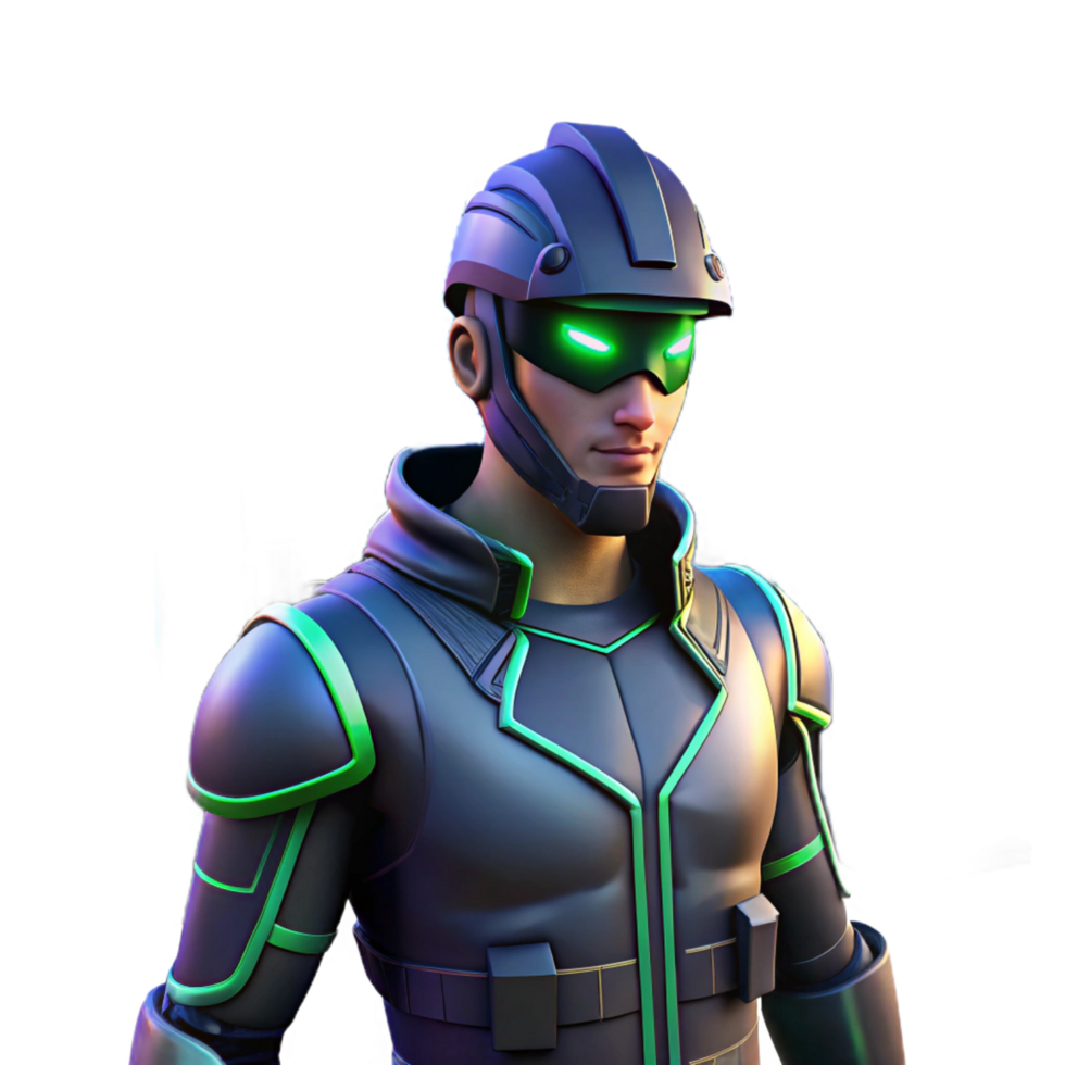 Futuristic 3D Render of a Green Eyed Cyborg png
