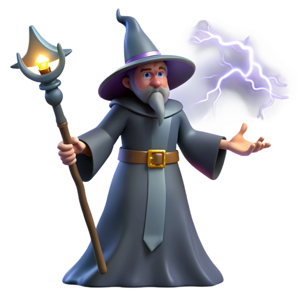 Wizard Casting Magic Spell with Staff and Lightning png