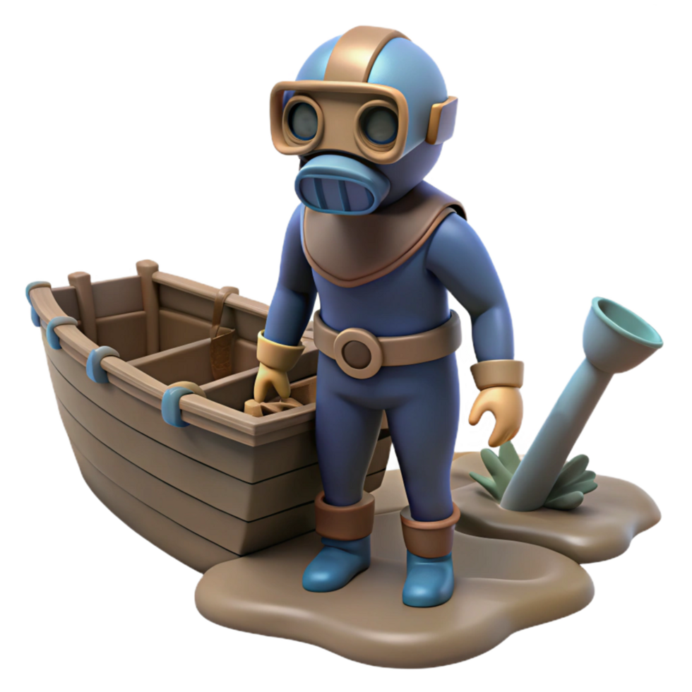 3D Render Cartoon Diver with Boat png