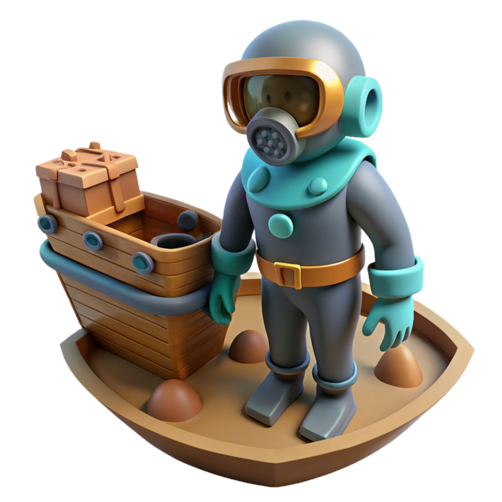 3D Render of Diver with Treasure Chest on Boat png