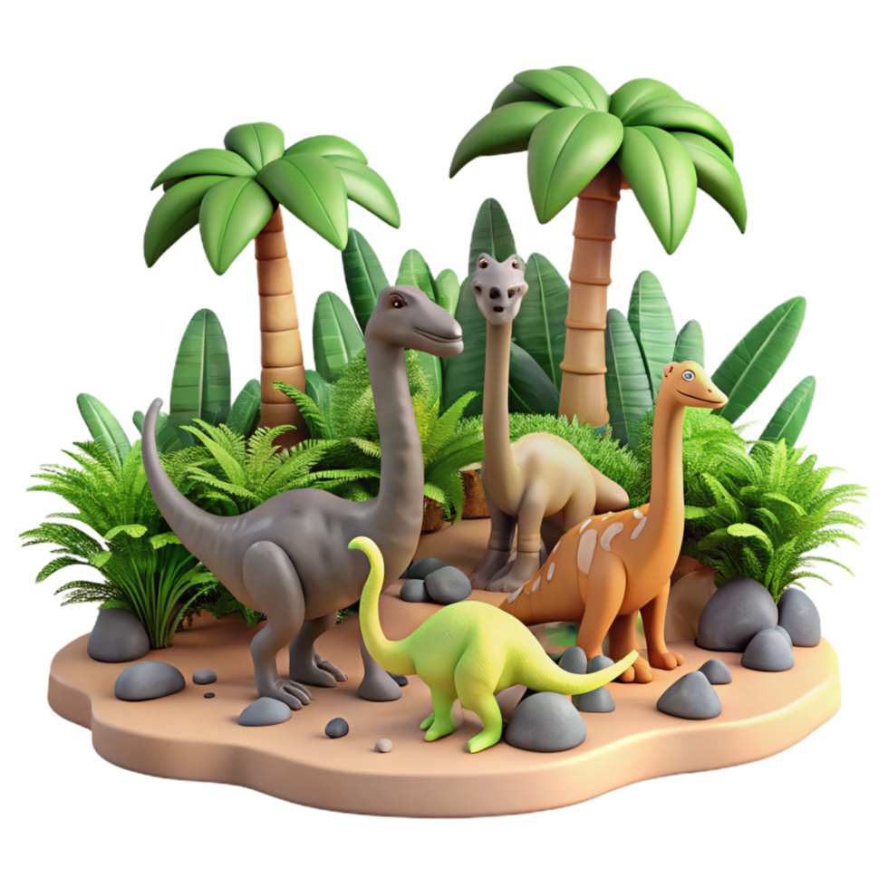 Cartoon Dinosaurs in Tropical Paradise 3D Render of Prehistoric Creatures png