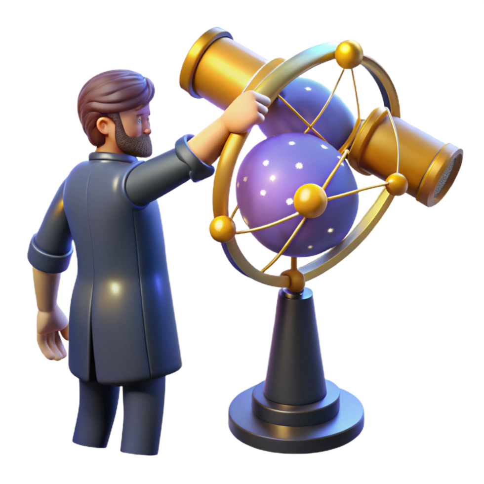 3D Illustration of a Man with a Beard Using an Ornate Celestial Globe and Telescope png