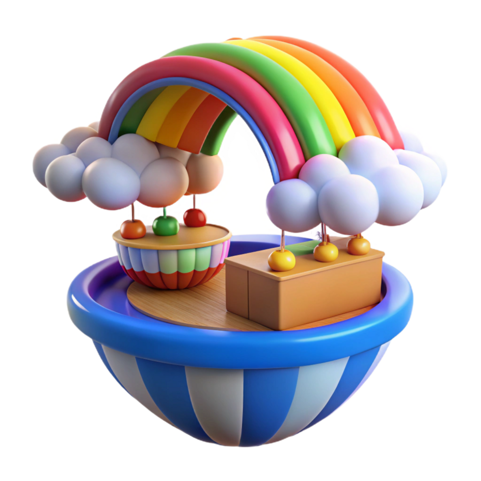 Whimsical 3D Render of a Rainbow over a Cartoon Boat with Clouds and Fruit a Delightful Colorful Illustration png