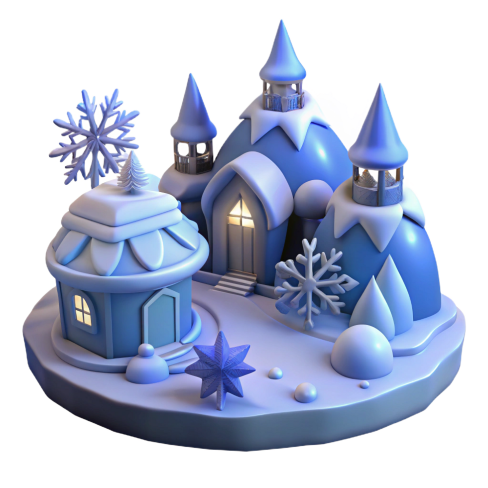 Winter Village Scene 3D Render of Snowy Castle and Cottage png