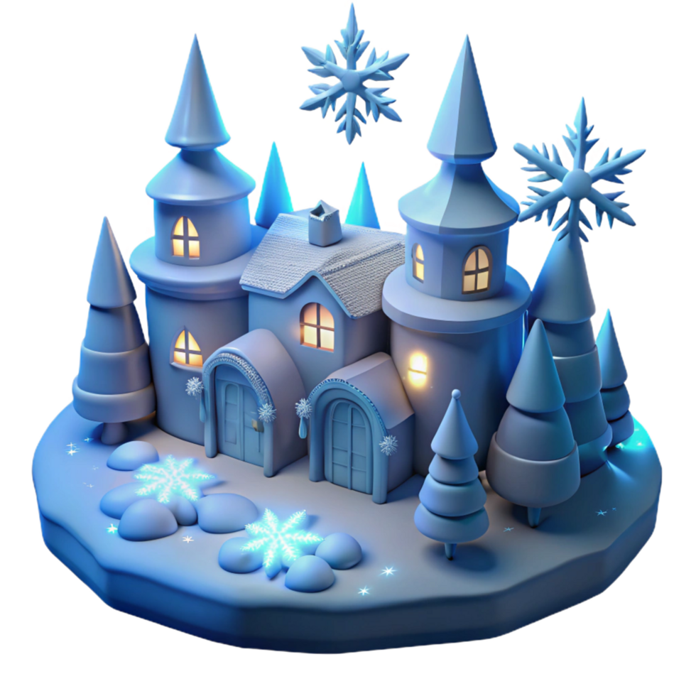 Enchanted Winter Castle 3D Illustration Festive Holiday Scene with Snowflakes and Pine Trees png