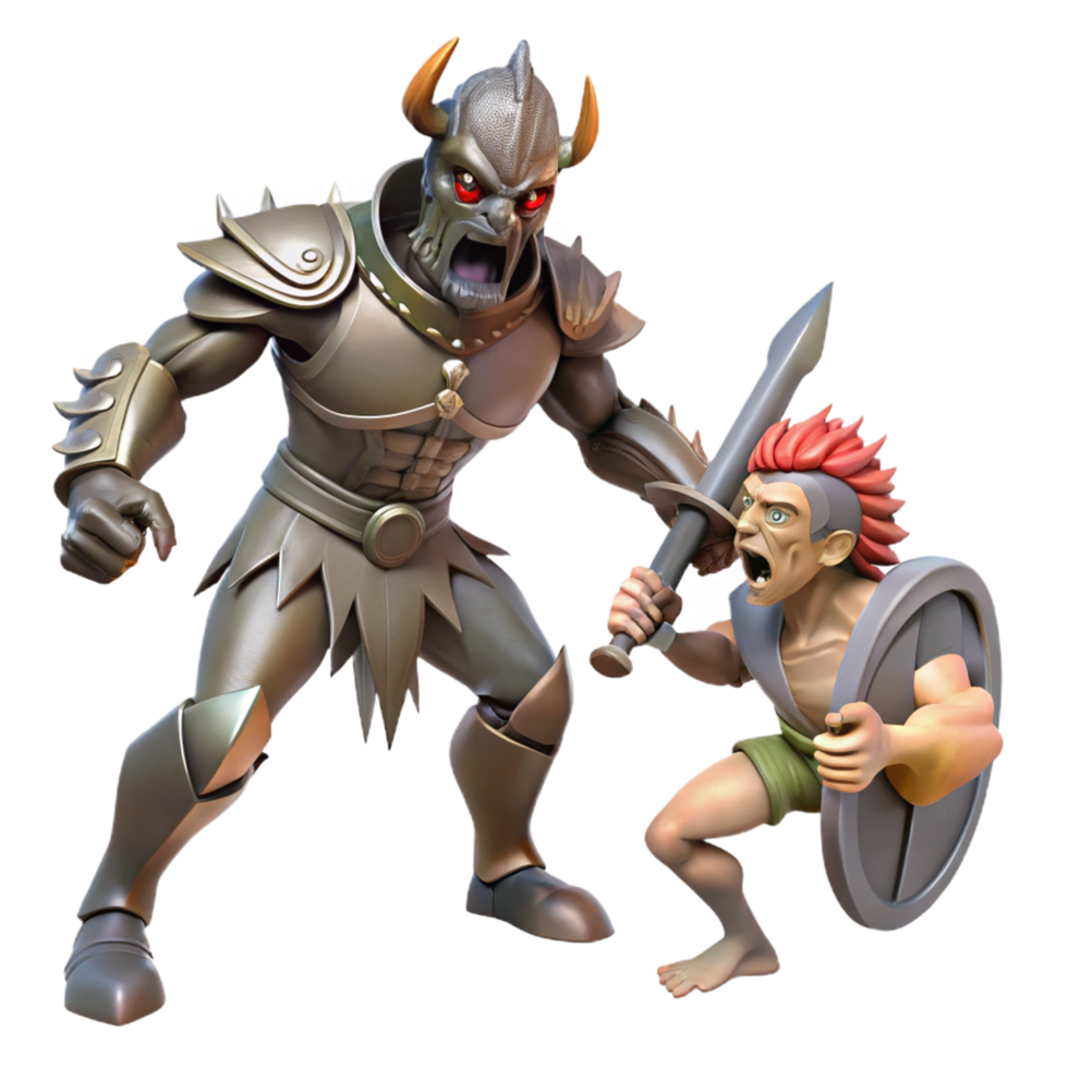 Epic 3D Render of a Mighty Armored Warrior Confronting a Brave Young Swordsman png