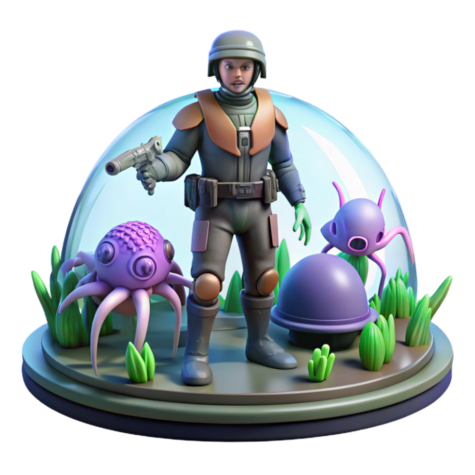 3D Render of Female Soldier in Biodome with Alien Life png