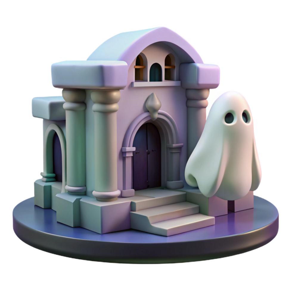 3D Render Spooky Haunted House with Ghost Illustration Digital Asset png