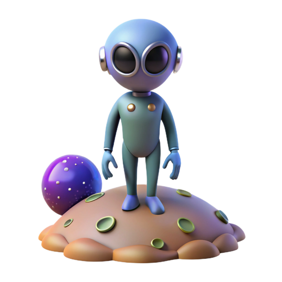 3D Render of a Cute Cartoon Alien Standing on an Extraterrestrial Planet Illustration png